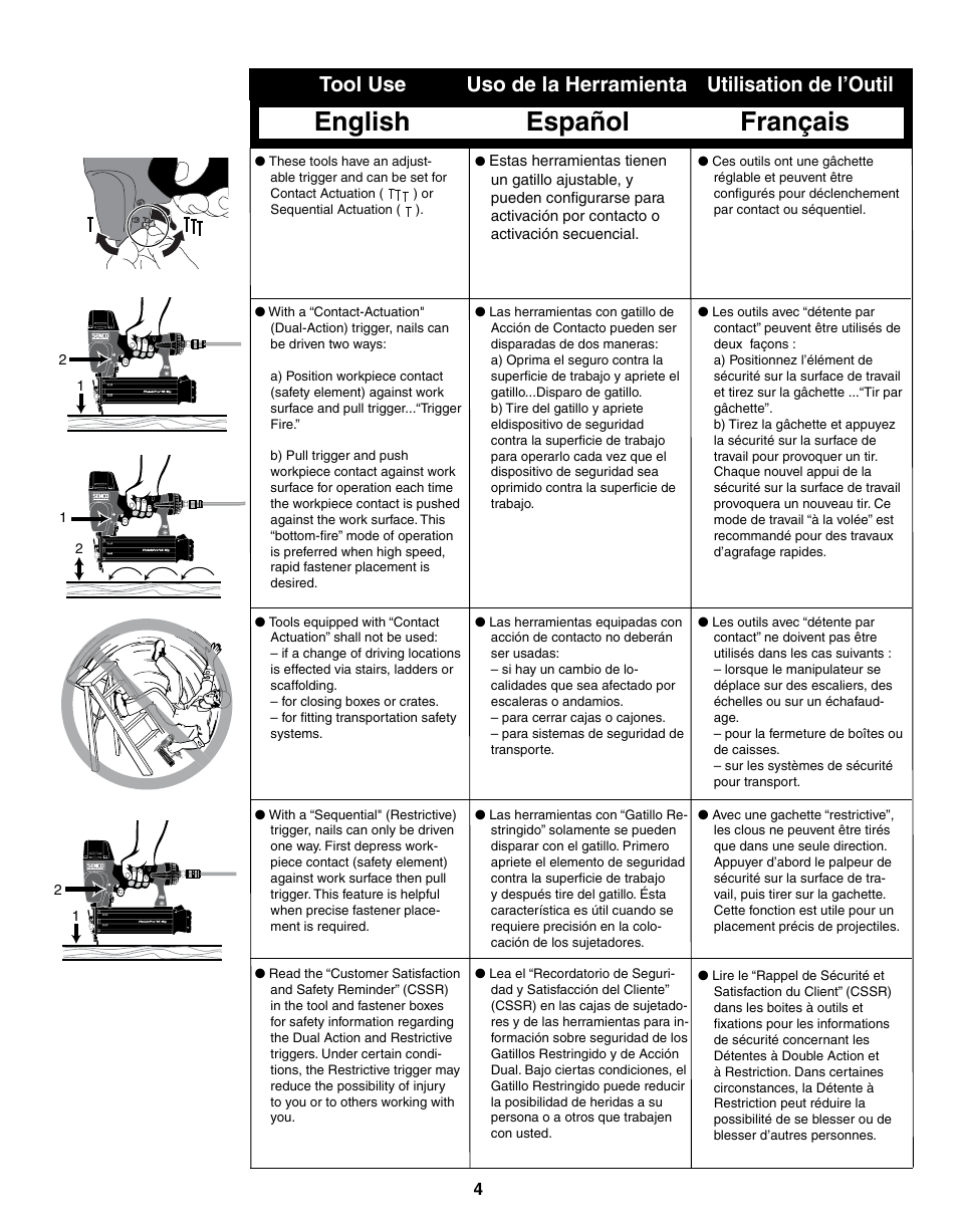 English, Español français, Tool use | Uso de la herramienta utilisation de l’outil | Senco FinishPro 15Mg User Manual | Page 4 / 12