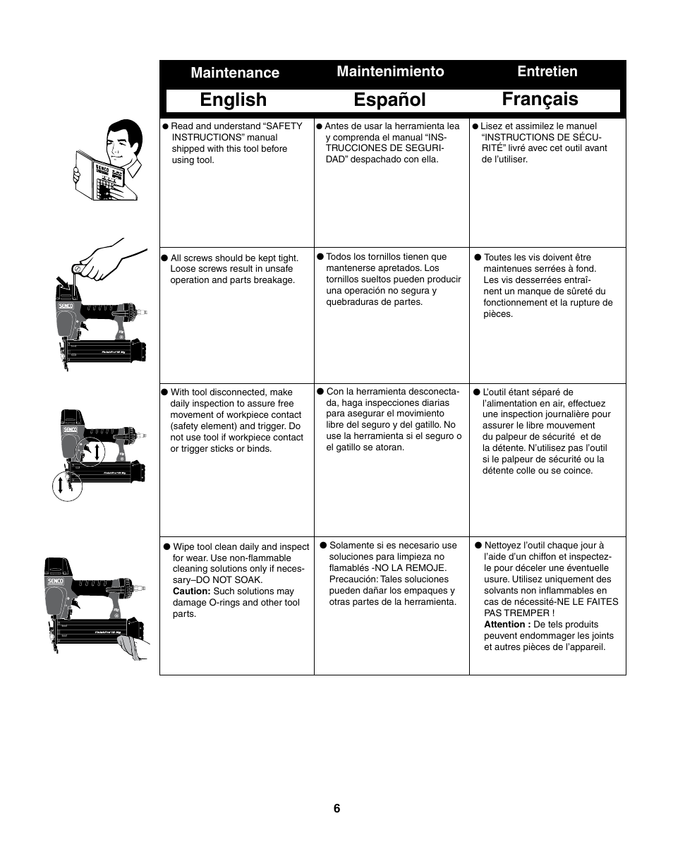Français español english, Maintenance maintenimiento entretien | Senco FinishPro 15Mg User Manual | Page 6 / 12