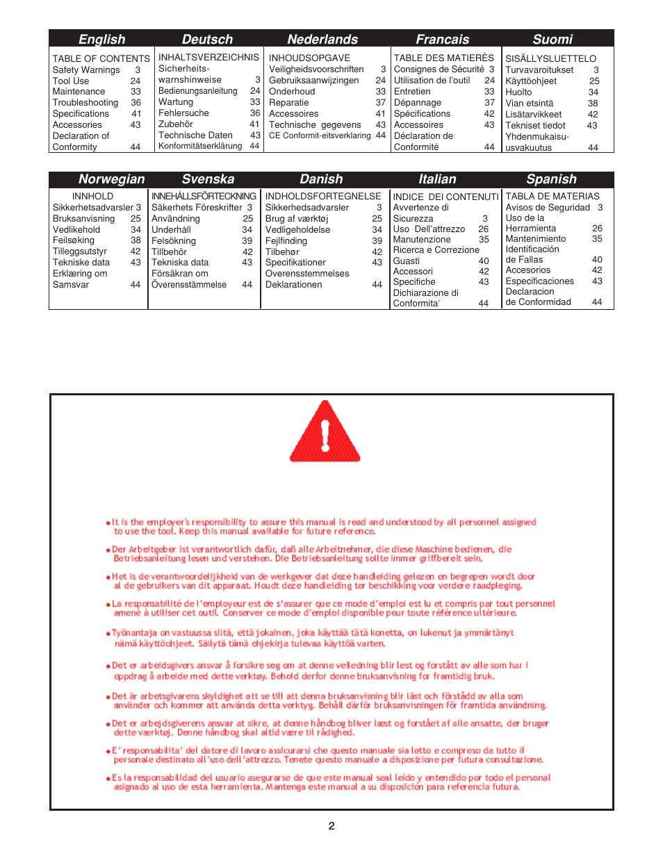 English deutsch nederlands francais suomi, Norwegian svenska danish italian spanish | Senco AirFree 25 User Manual | Page 2 / 44