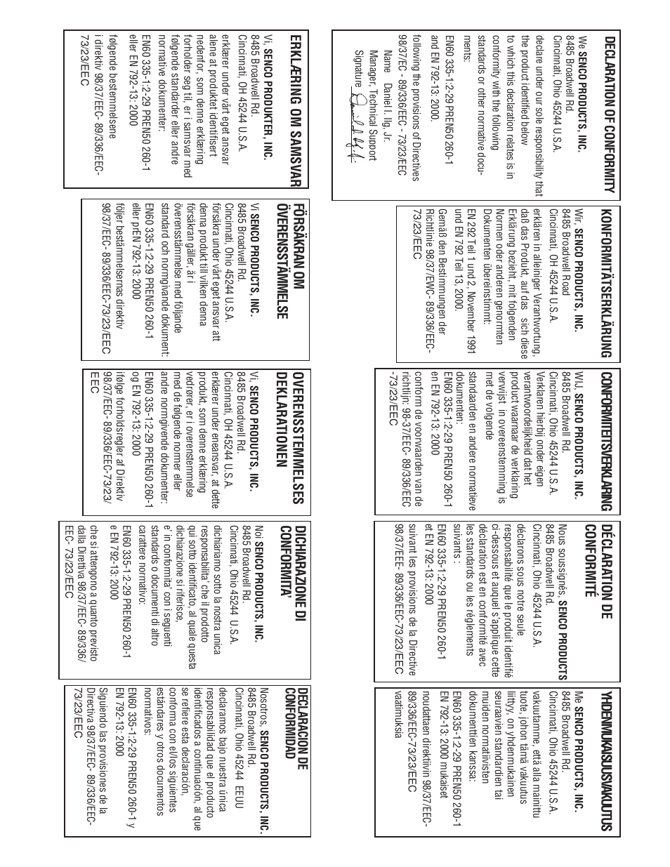 Declaration of conformity, Conformiteitsverklaring, Déclara tion de conformité | Yhdenmukaisuusv akuutus, Dichiarazione di conformit a, Overensstemmelses deklara tionen, Försäkran om överensstämmelse, Erklæring om samsv ar | Senco AirFree 25 User Manual | Page 44 / 44
