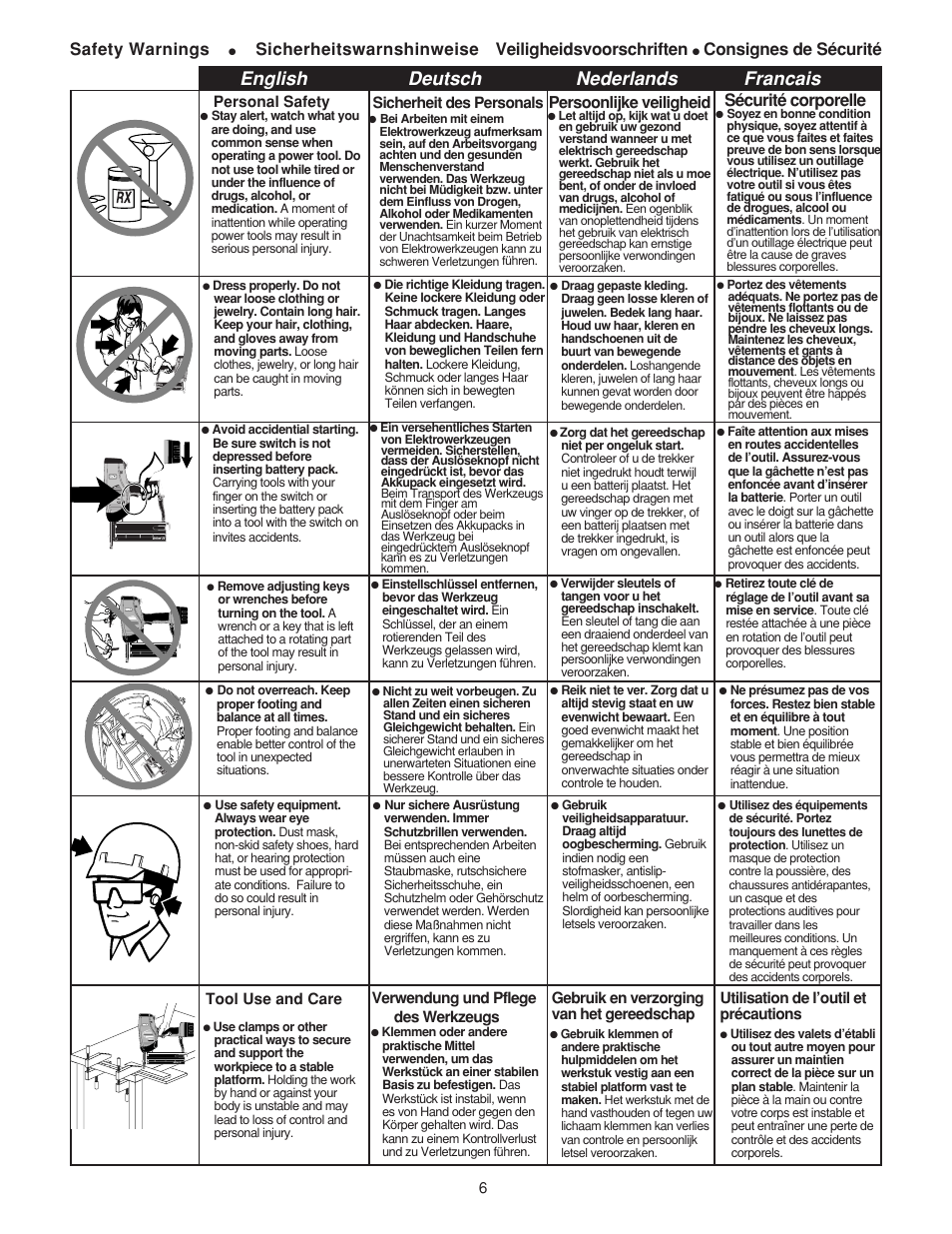 English deutsch nederlands francais, Safety warnings, Sicherheitswarnshinweise veiligheidsvoorschriften | Consignes de sécurité, Sécurité corporelle, Persoonlijke veiligheid | Senco AirFree 25 User Manual | Page 6 / 44