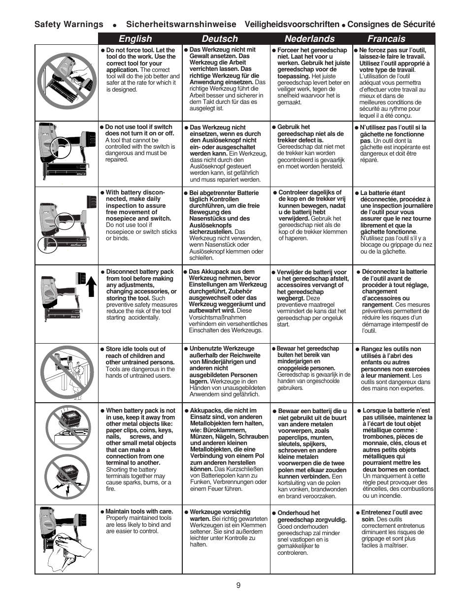 English deutsch nederlands francais, Safety warnings, Sicherheitswarnshinweise veiligheidsvoorschriften | Consignes de sécurité | Senco AirFree 25 User Manual | Page 9 / 44