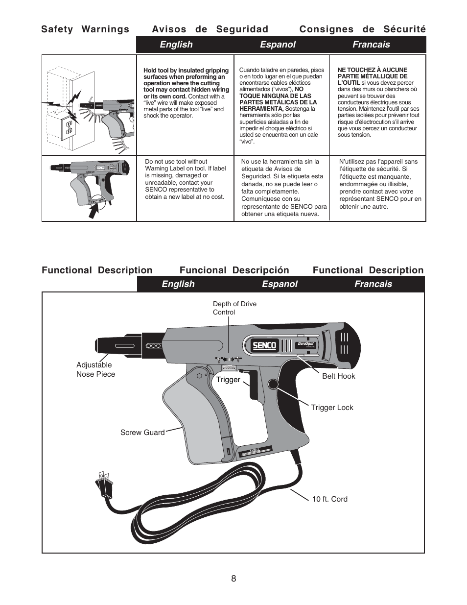 English espanol francais, Functional description, Funcional descripción | Senco DS200-AC User Manual | Page 8 / 15