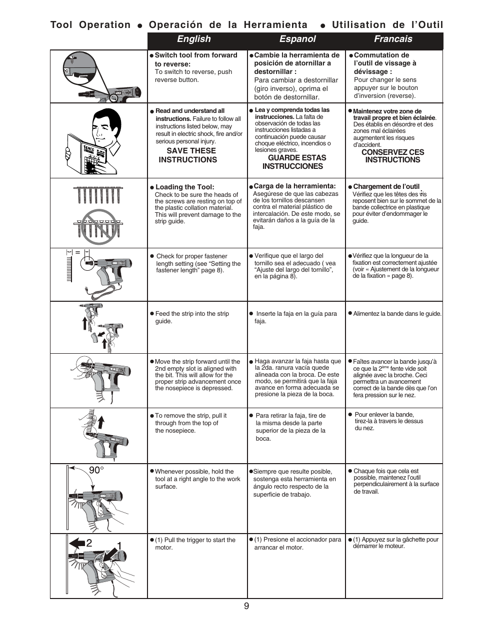 Tool operation, Operación de la herramienta, Utilisation de l’outil | English espanol francais | Senco DS200-AC User Manual | Page 9 / 15
