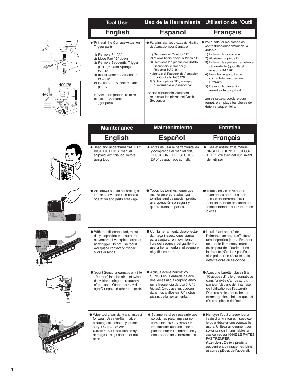 Français español english, English español français, Maintenance maintenimiento entretien | Senco FramePro 502 User Manual | Page 4 / 9