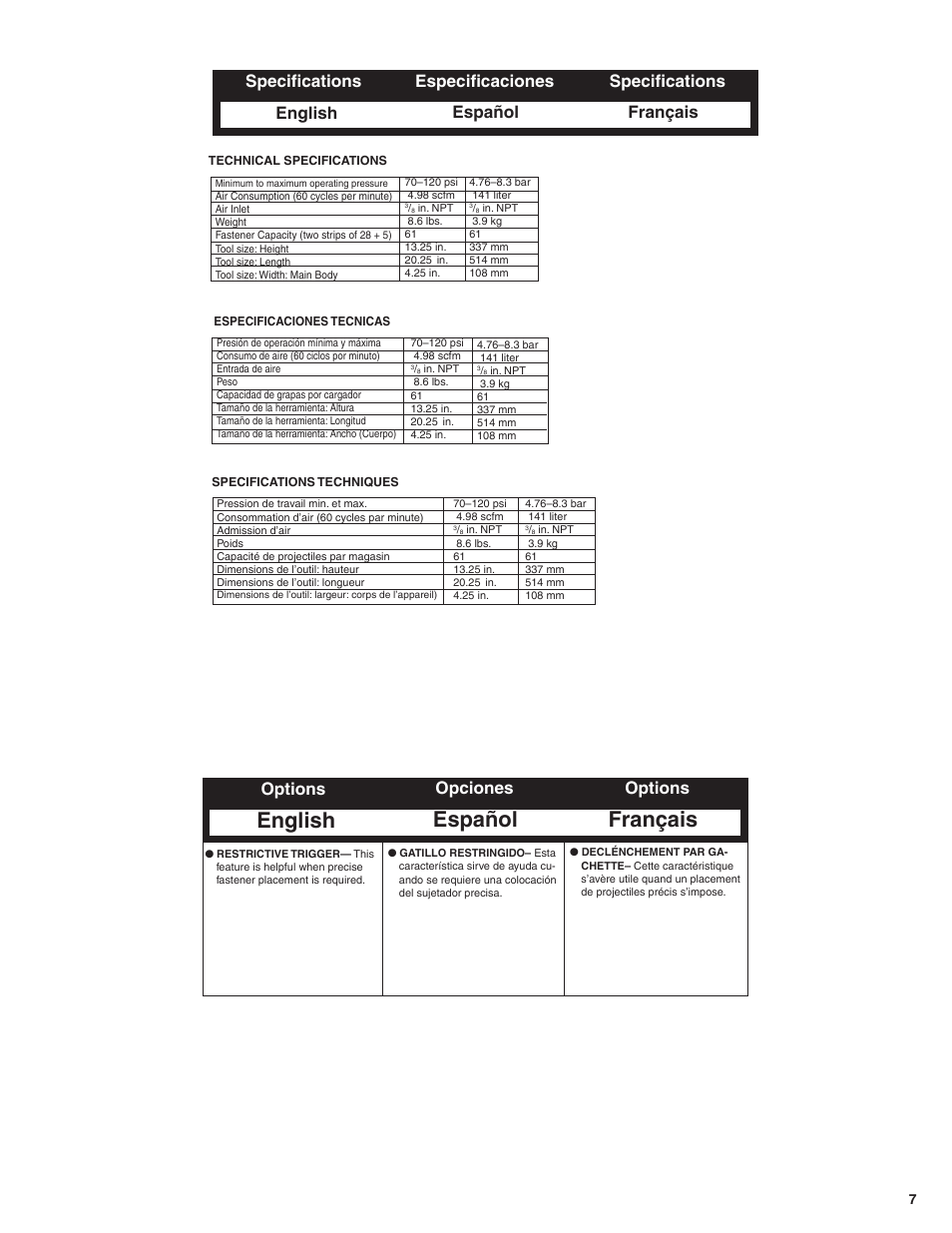 English español français, Options opciones options | Senco FramePro 502 User Manual | Page 7 / 9