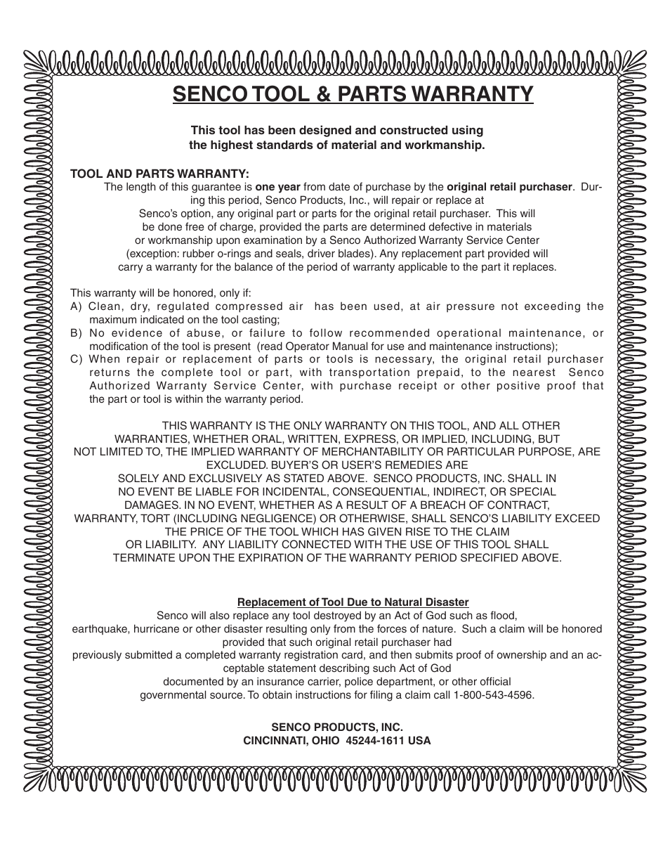 Senco tool & parts warranty | Senco FramePro 502 User Manual | Page 9 / 9