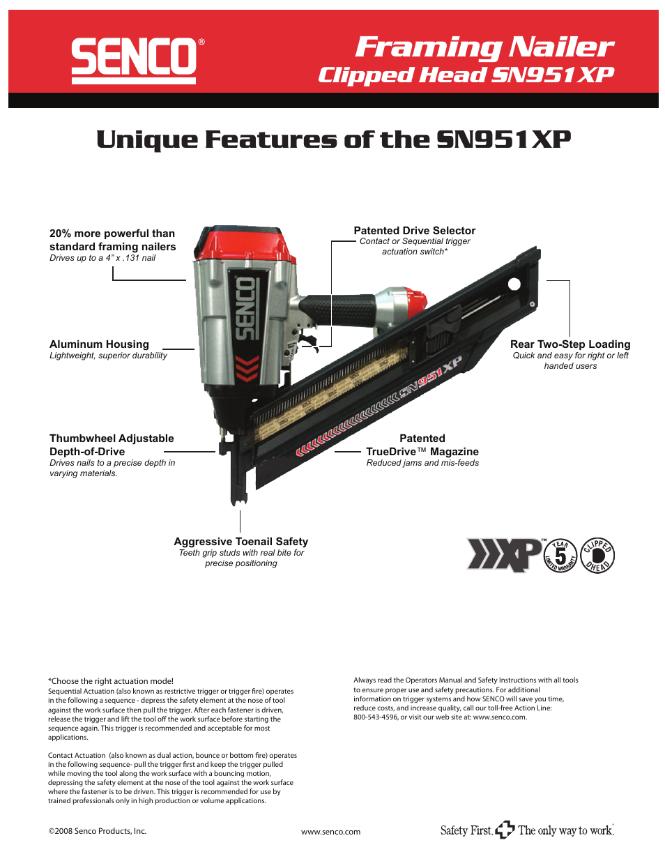 Sn951xp ss2.pdf, Framing nailer, Unique features of the sn951xp | Clipped head sn951xp | Senco SN951XP User Manual | Page 2 / 2
