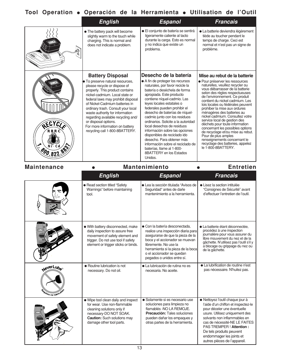 Maintenance, Tool operation, Operación de la herramienta | Utilisation de l’outil, Mantenimiento, Entretien, English espanol francais english espanol francais, Battery disposal, Desecho de la batería | Senco 41 User Manual | Page 13 / 16