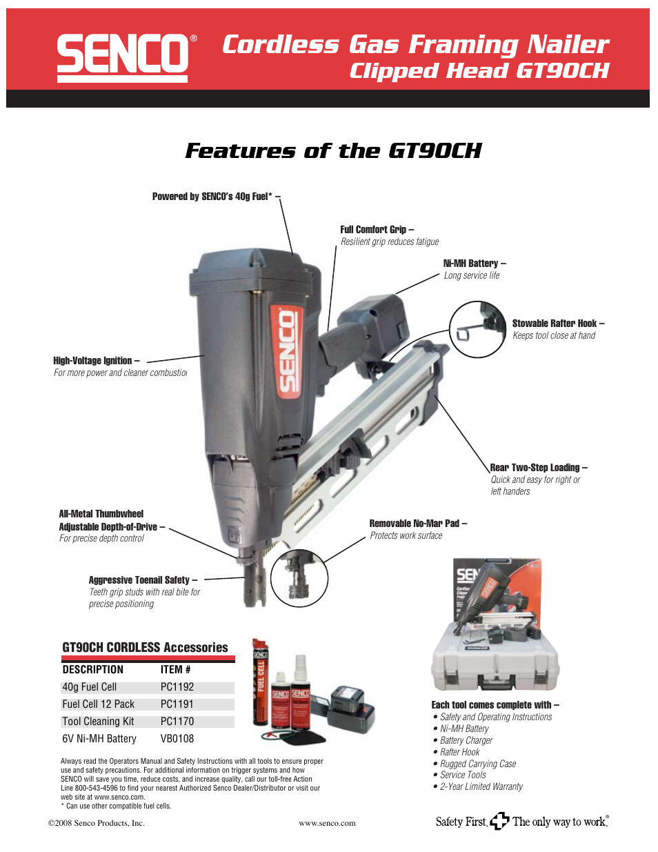 Cordless gas framing nailer, Features of the gt90ch, Clipped head gt90ch | Senco GT90CH User Manual | Page 2 / 2