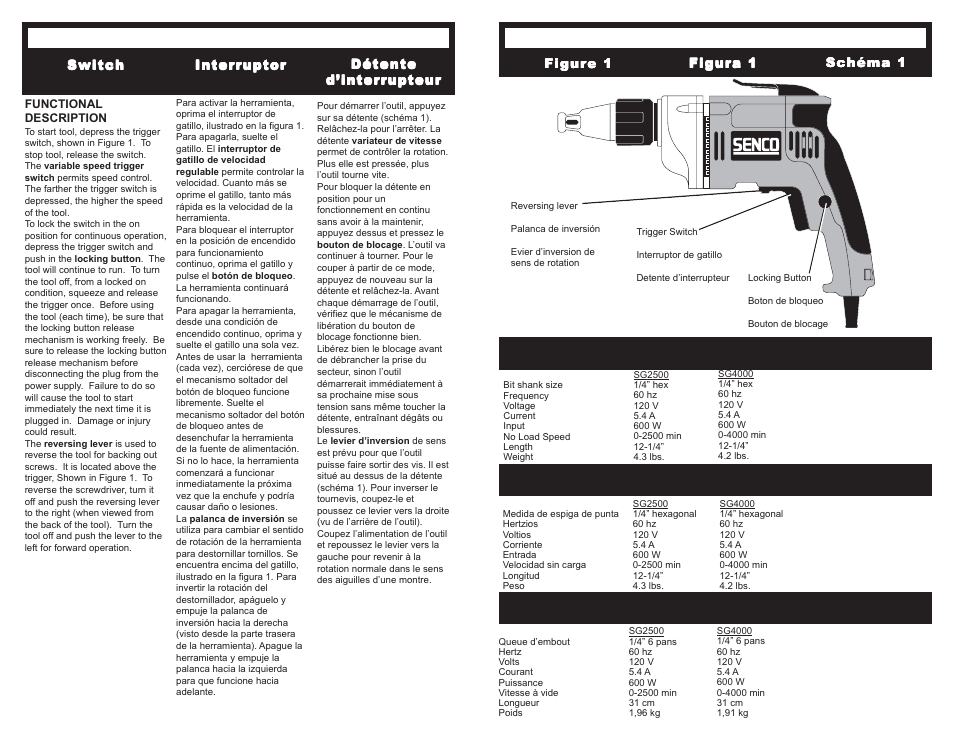 Specifications, English espanol francais | Senco SG4000 User Manual | Page 13 / 19