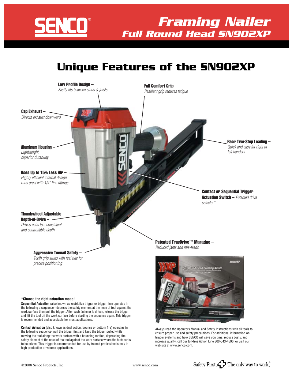 Framing nailer, Unique features of the sn902xp, Full round head sn902xp | Senco SN902XP User Manual | Page 2 / 2