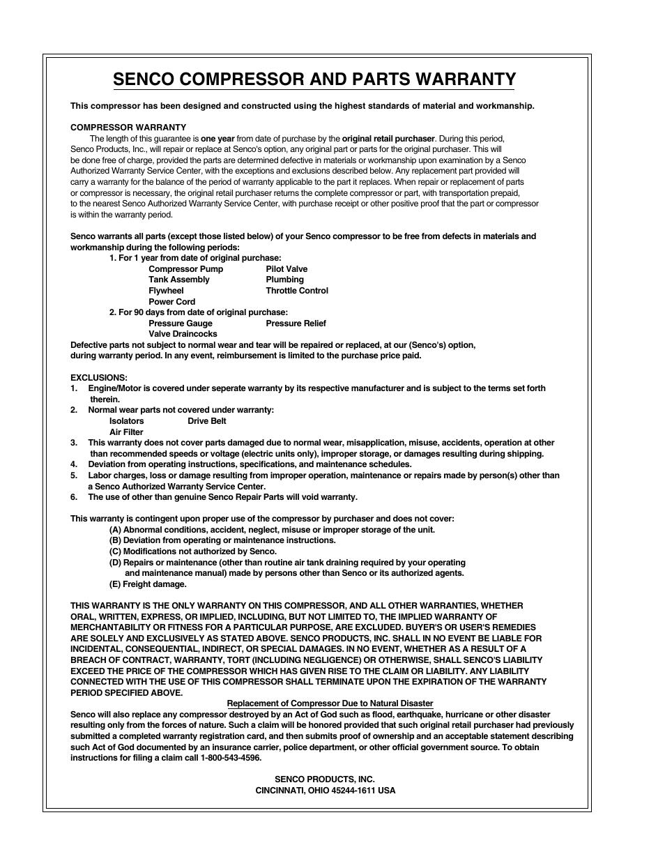 Senco compressor and parts warranty | Senco WARRANTY PC1108 User Manual | Page 16 / 48