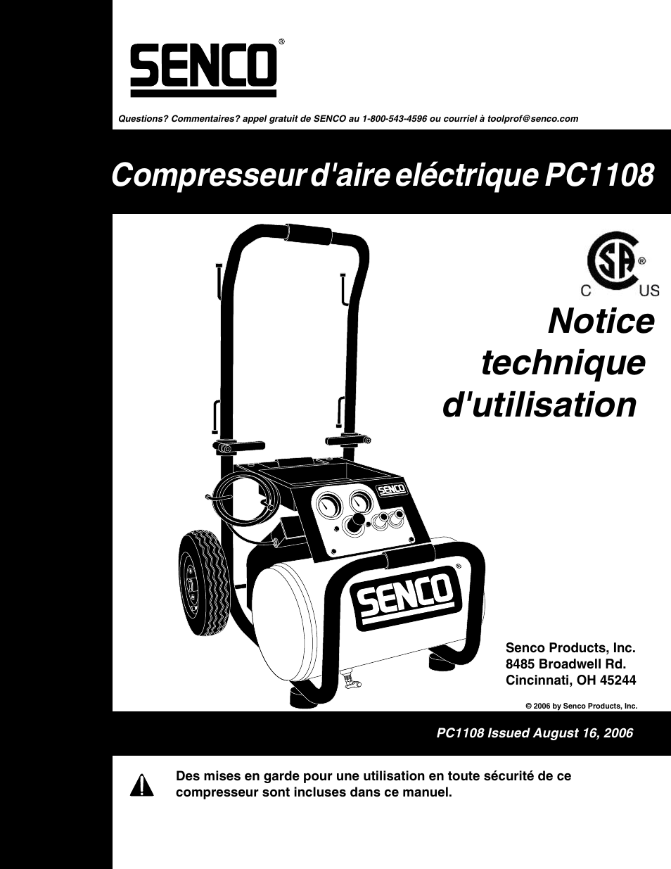 Notice technique d'utilisation, Compresseur d'aire eléctrique pc1108 | Senco WARRANTY PC1108 User Manual | Page 17 / 48