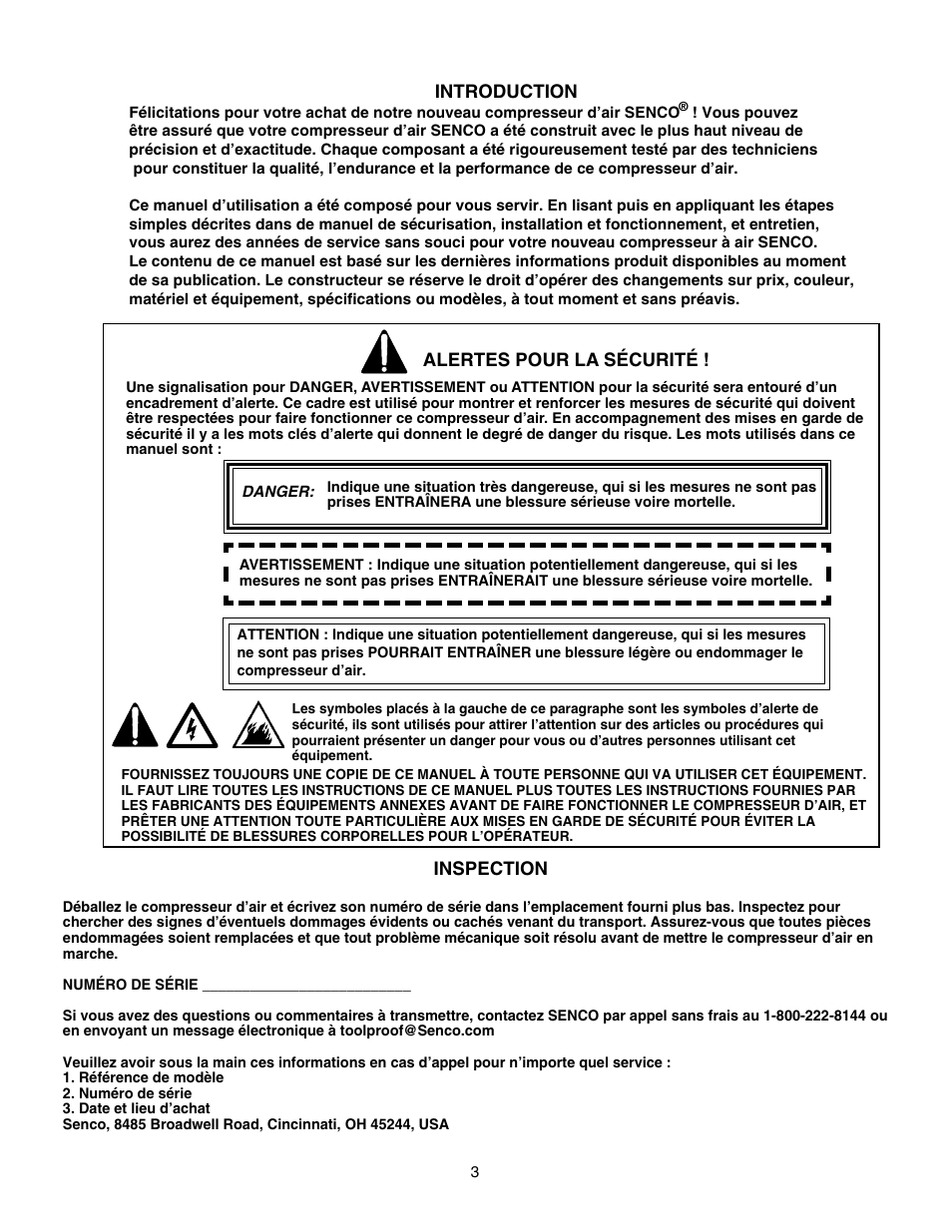 Introduction, Inspection, Alertes pour la sécurité | Senco WARRANTY PC1108 User Manual | Page 19 / 48