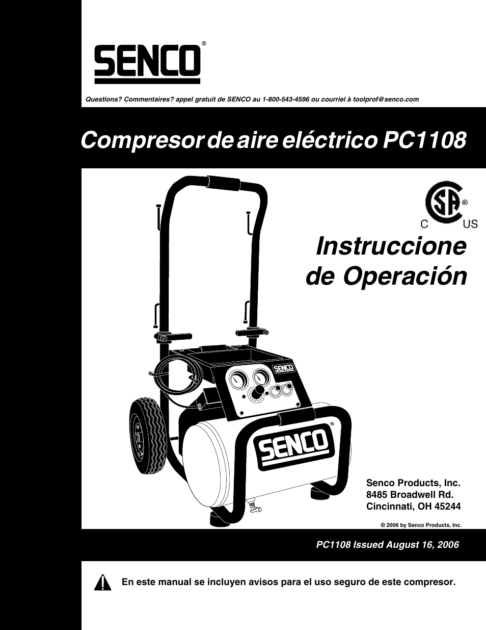 Instruccione de operación, Compresor de aire eléctrico pc1108 | Senco WARRANTY PC1108 User Manual | Page 33 / 48