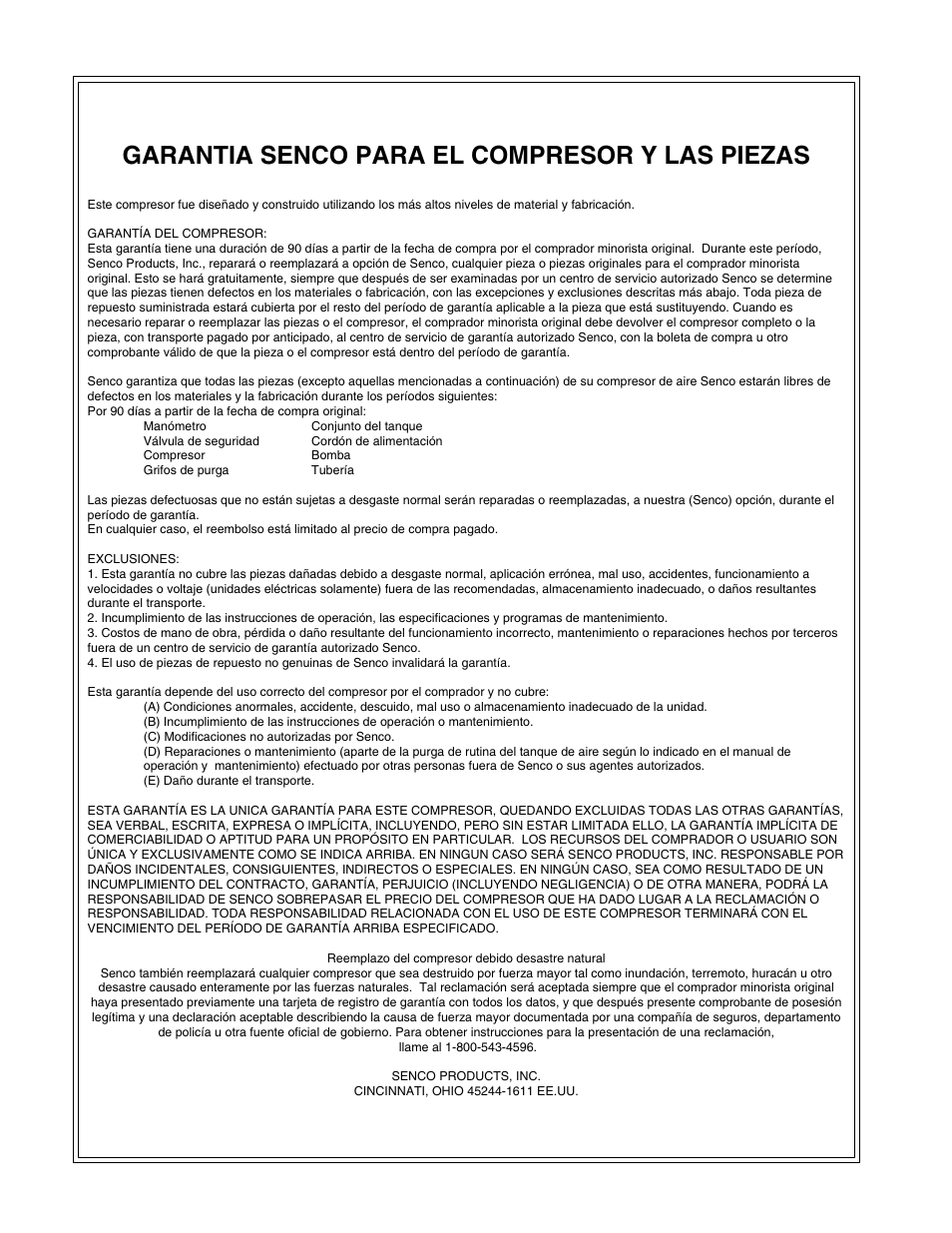 Garantia senco para el compresor y las piezas | Senco WARRANTY PC1108 User Manual | Page 48 / 48