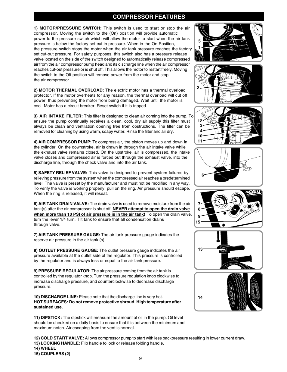 Compressor features | Senco WARRANTY PC1108 User Manual | Page 9 / 48