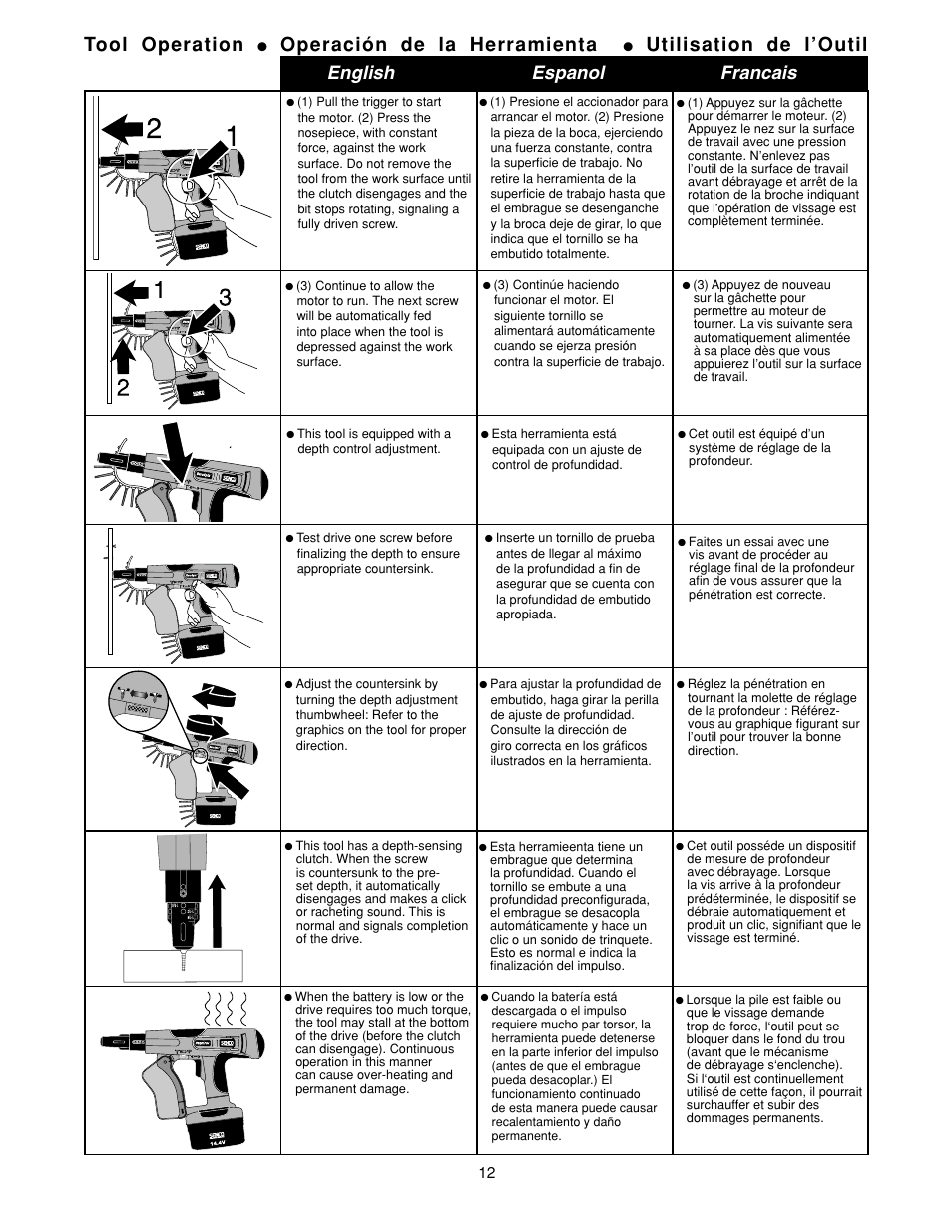 Tool operation, Operación de la herramienta, Utilisation de l’outil | English espanol francais | Senco DS275-18V User Manual | Page 12 / 20