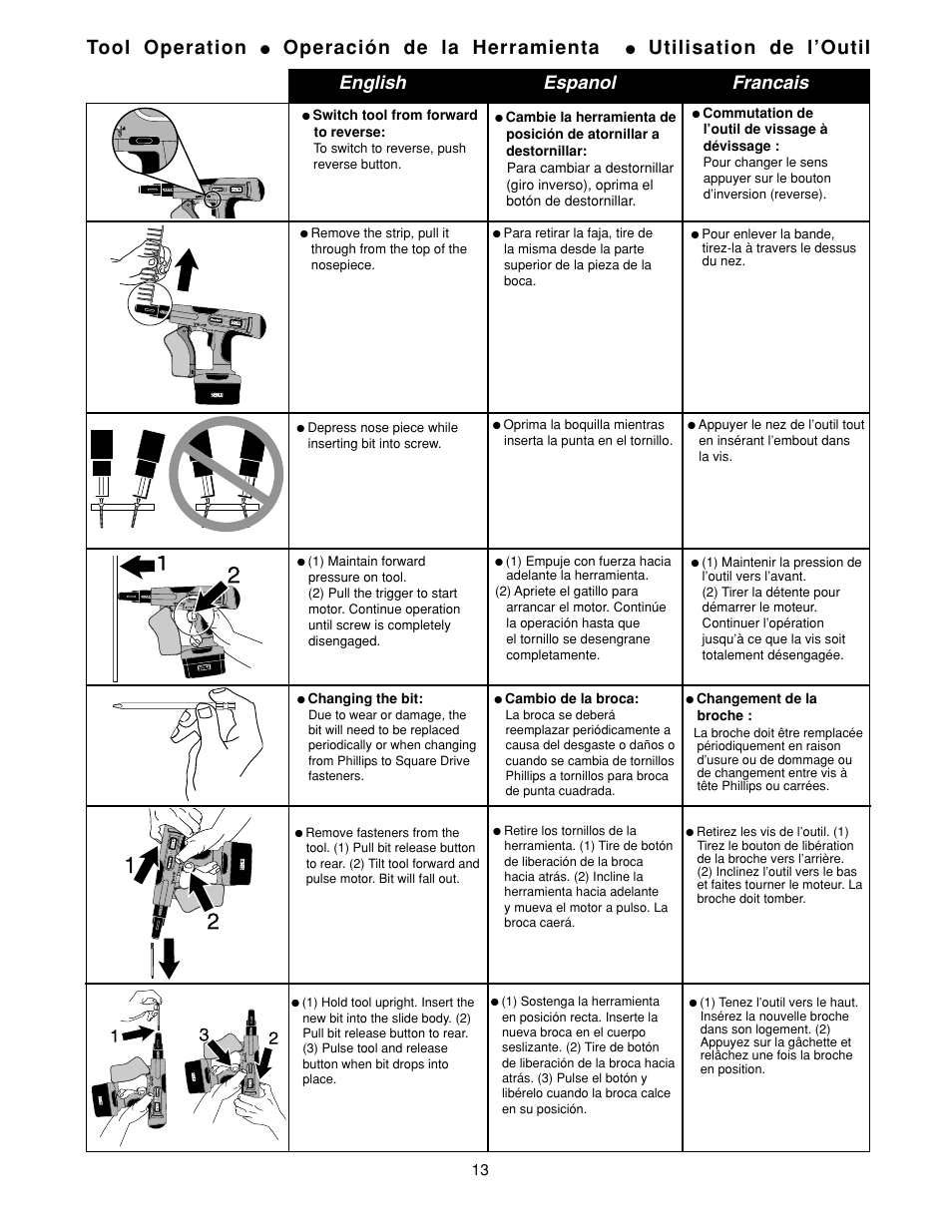 Tool operation, Operación de la herramienta, Utilisation de l’outil | English espanol francais | Senco DS275-18V User Manual | Page 13 / 20