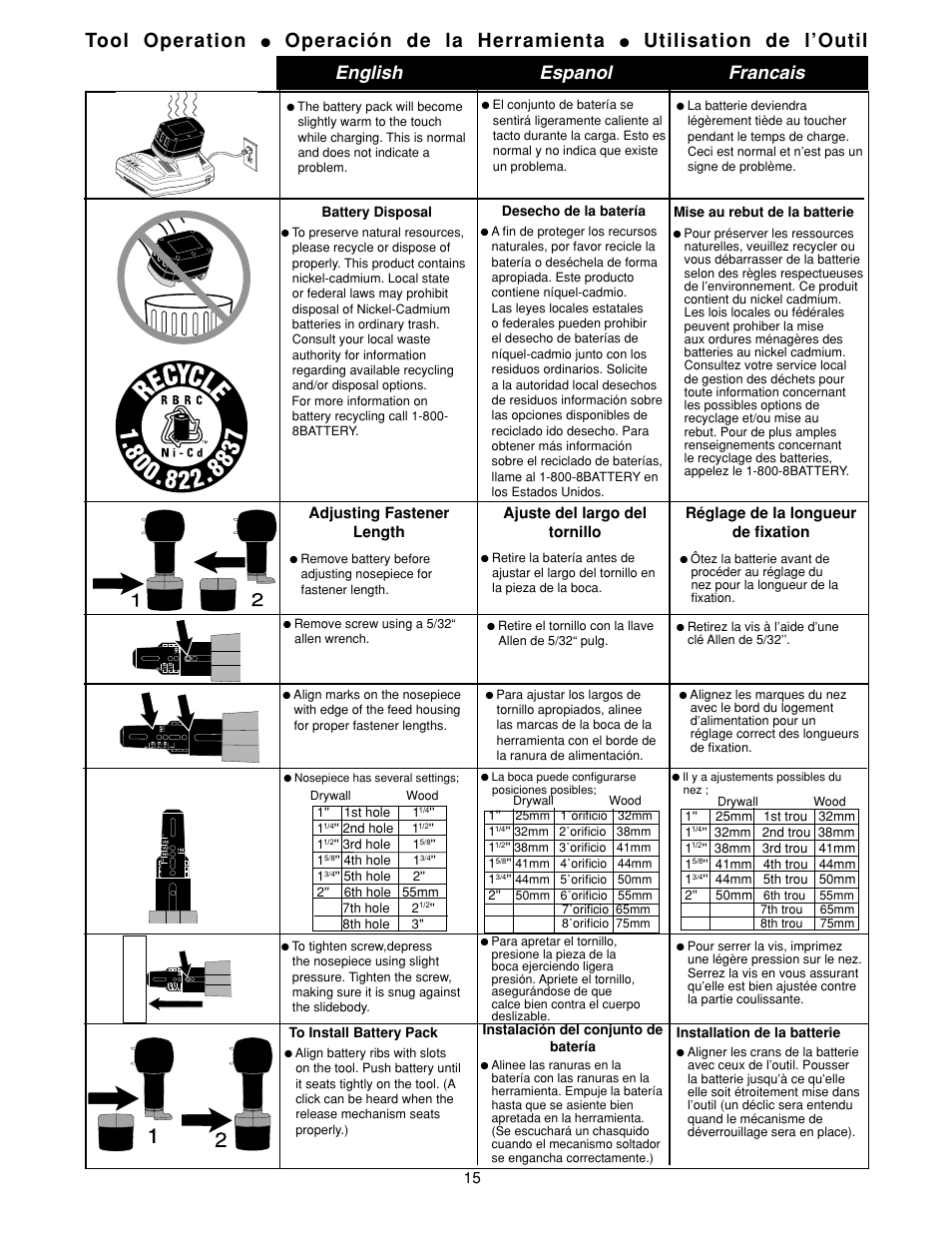 Tool operation, Operación de la herramienta, Utilisation de l’outil | English espanol francais | Senco DS275-18V User Manual | Page 15 / 20