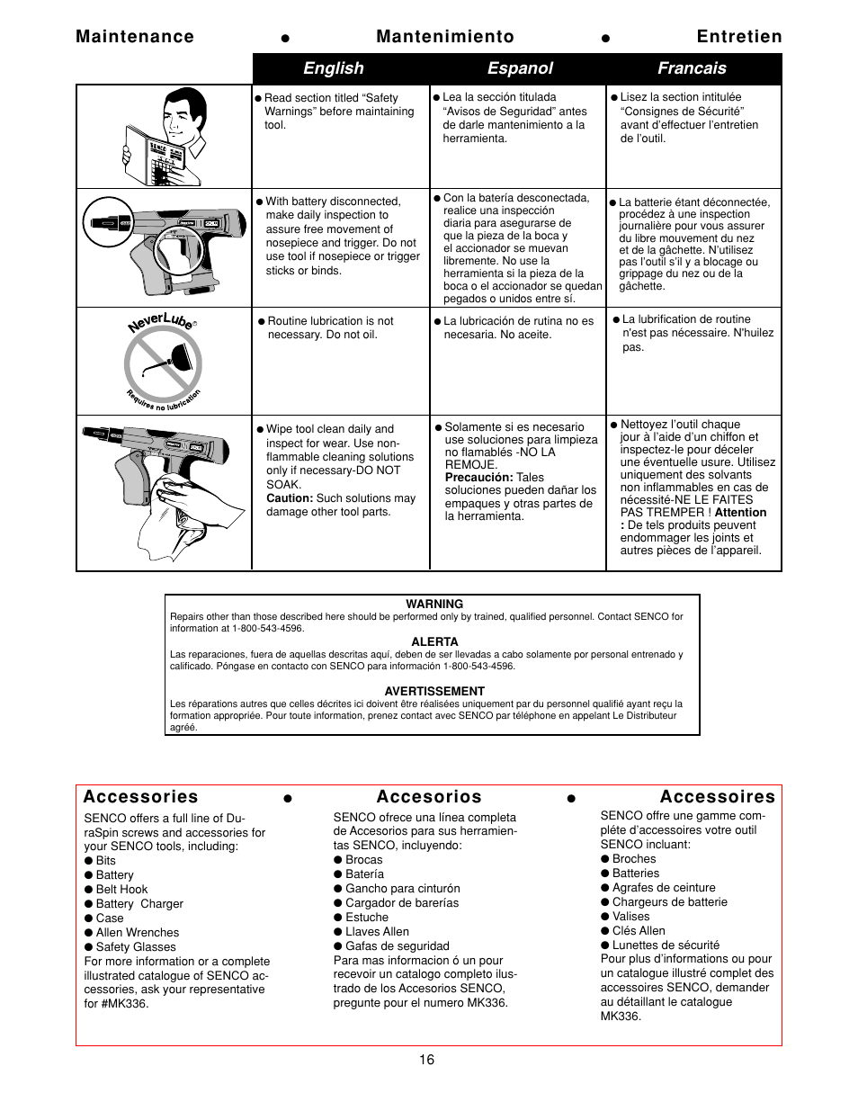 Maintenance, Accessories, Mantenimiento | Entretien, Accesorios, Accessoires, English espanol francais | Senco DS275-18V User Manual | Page 16 / 20