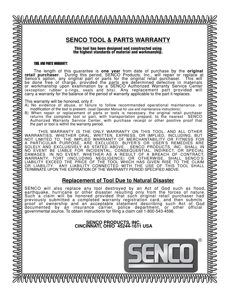 Warranty, Senco tool & parts warranty, Replacement of tool due to natural disaster | Senco DS275-18V User Manual | Page 20 / 20