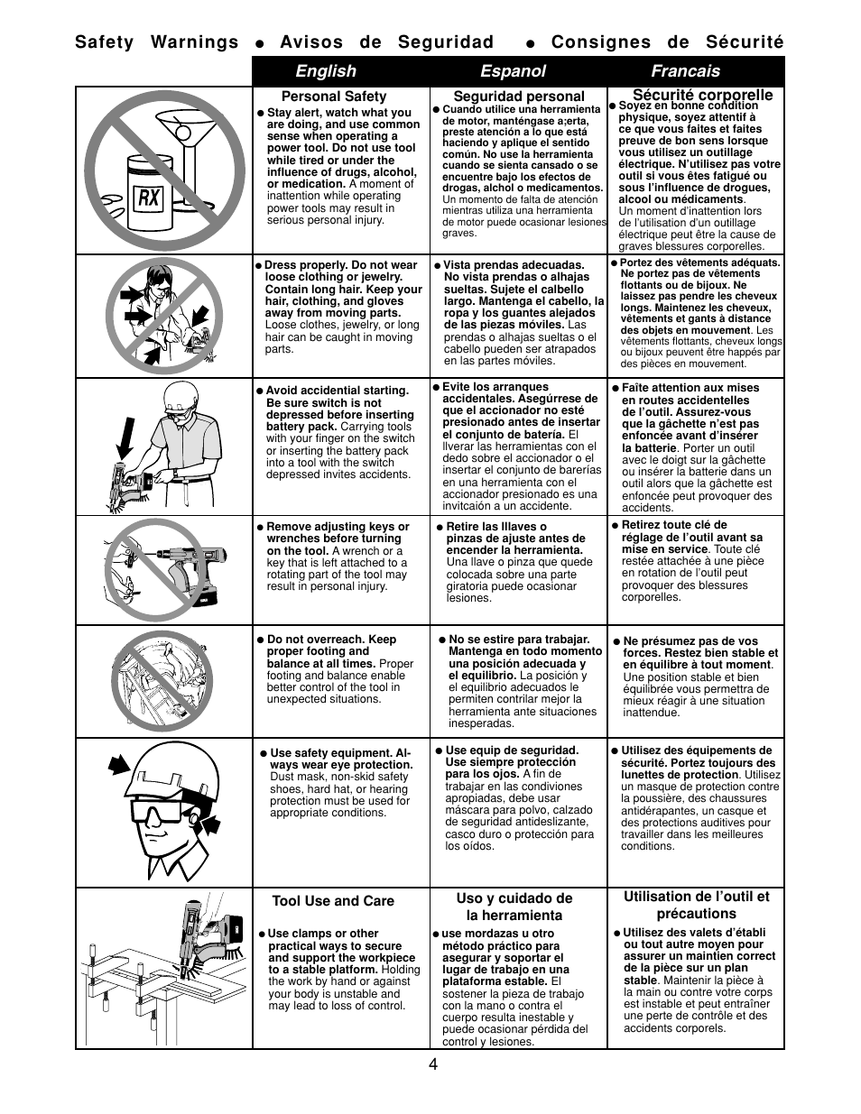 Safety warnings, Avisos de seguridad, Consignes de sécurité | English espanol francais, Sécurité corporelle | Senco DS275-18V User Manual | Page 4 / 20