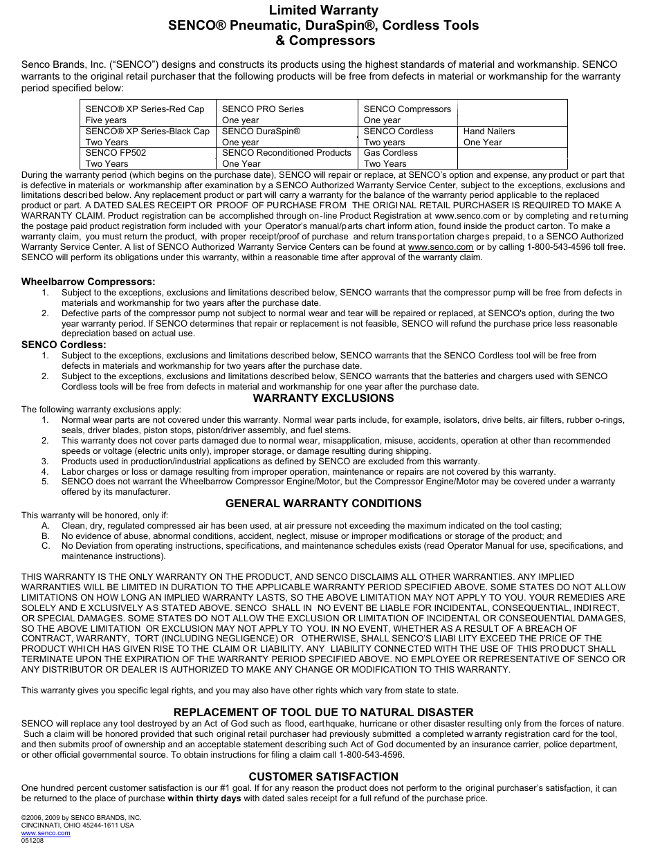 Warranty exclusions, General warranty conditions, Replacement of tool due to natural disaster | Customer satisfaction | Senco SFT10XP User Manual | Page 10 / 10