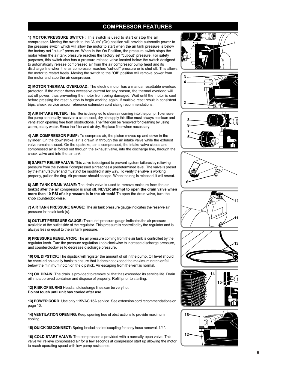 Compressor features | Senco PC1131 User Manual | Page 9 / 16
