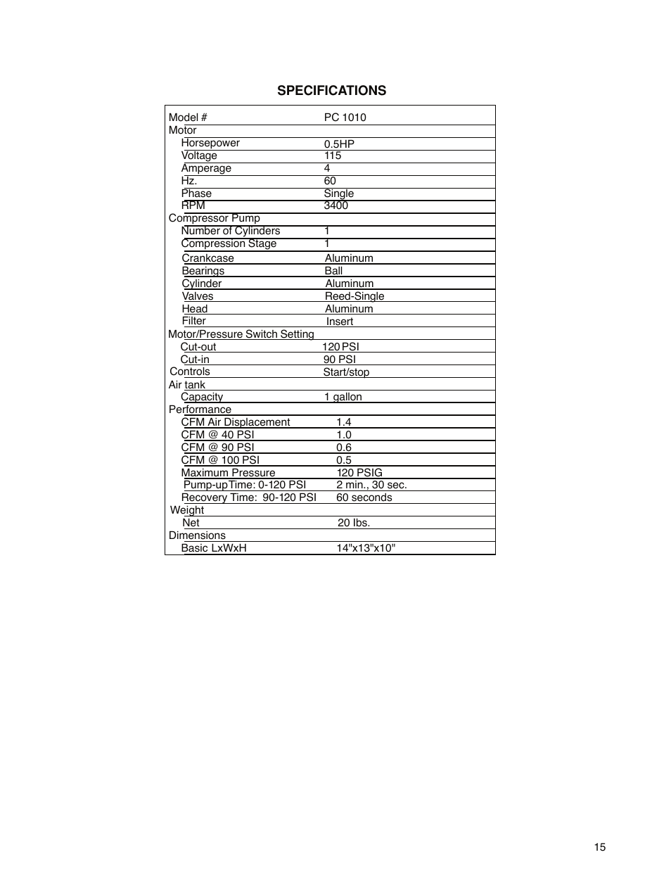 Specifications | Senco PC1010 User Manual | Page 15 / 16