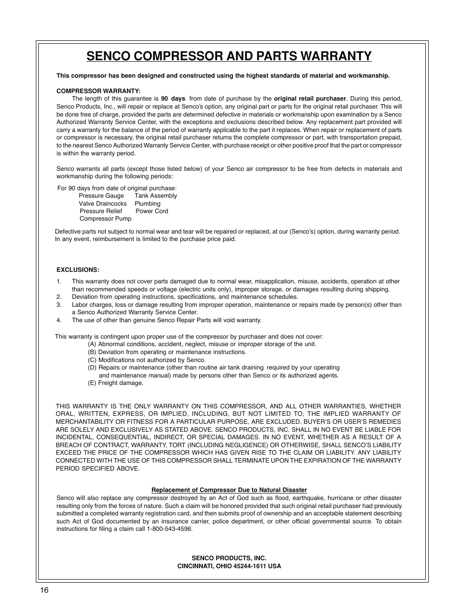 Warranty, Senco compressor and parts warranty | Senco PC1010 User Manual | Page 16 / 16