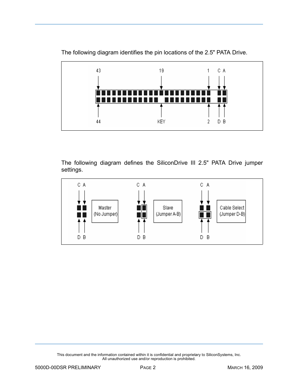 Pin locations, Jumper settings, Figure 2: pin locations | Figure 3: jumper settings | Silicon Valley Peripherals SiliconDrive SSD-D0120PI-5000 User Manual | Page 8 / 26