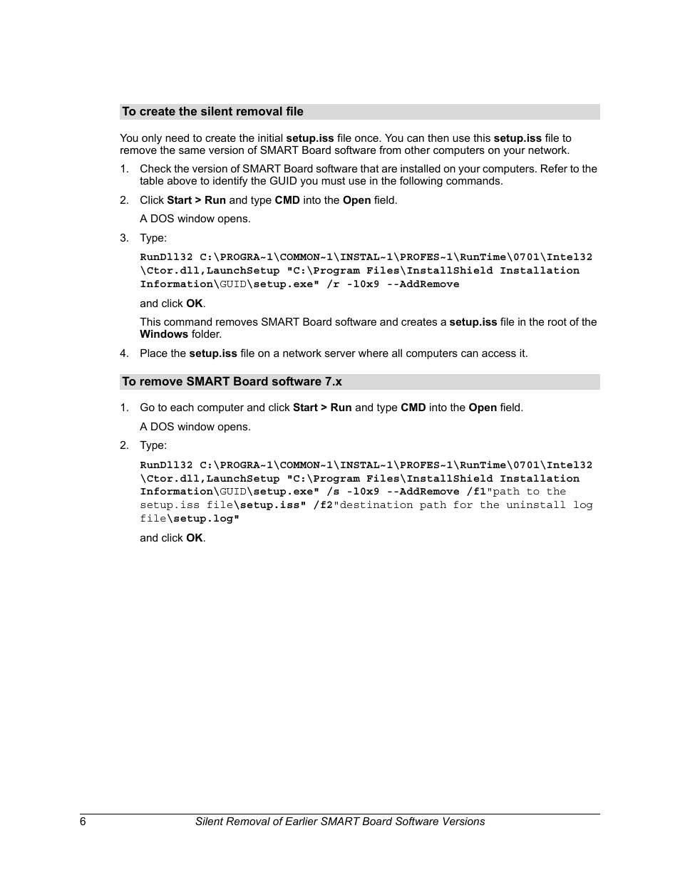 To create the silent removal file, To remove smart board software 7.x | Smart Technologies SMART Board Software 9.5 User Manual | Page 10 / 32