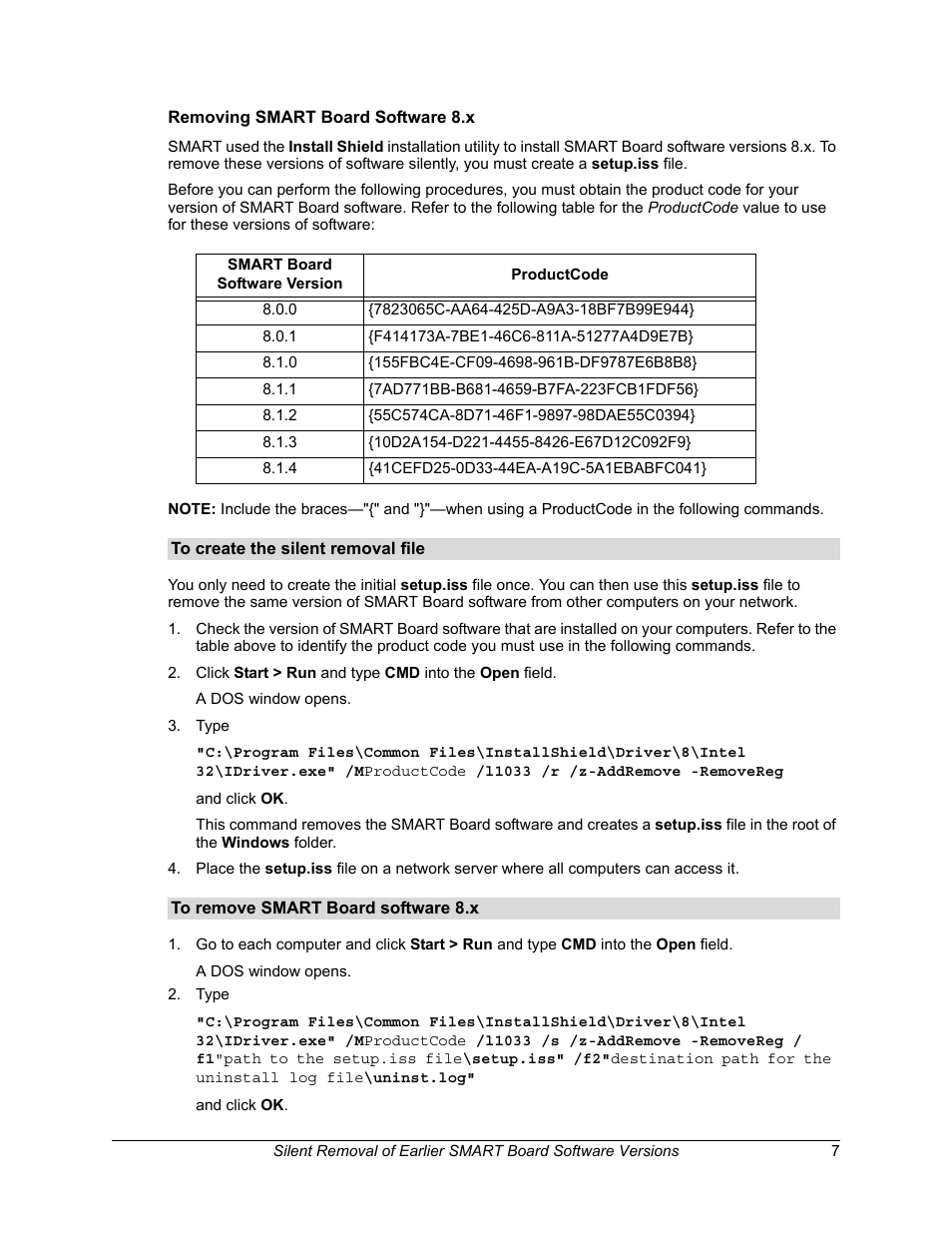 Removing smart board software 8.x, To create the silent removal file, To remove smart board software 8.x | Smart Technologies SMART Board Software 9.5 User Manual | Page 11 / 32