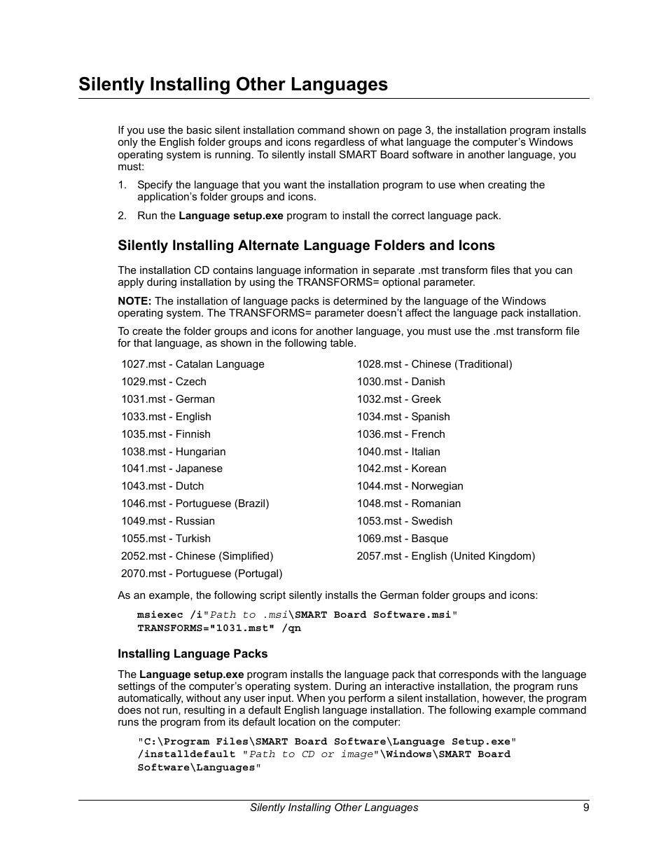 Silently installing other languages, Installing language packs | Smart Technologies SMART Board Software 9.5 User Manual | Page 13 / 32