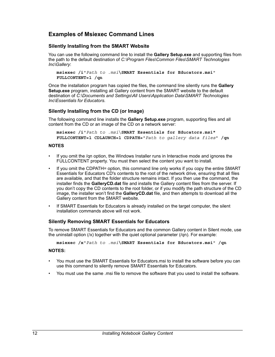 Examples of msiexec command lines, Silently installing from the smart website, Silently installing from the cd (or image) | Silently removing smart essentials for educators | Smart Technologies SMART Board Software 9.5 User Manual | Page 16 / 32