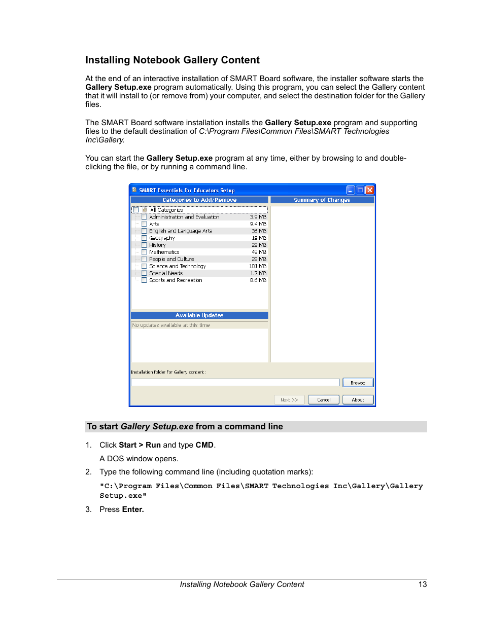 Installing notebook gallery content, To start gallery setup.exe from a command line | Smart Technologies SMART Board Software 9.5 User Manual | Page 17 / 32