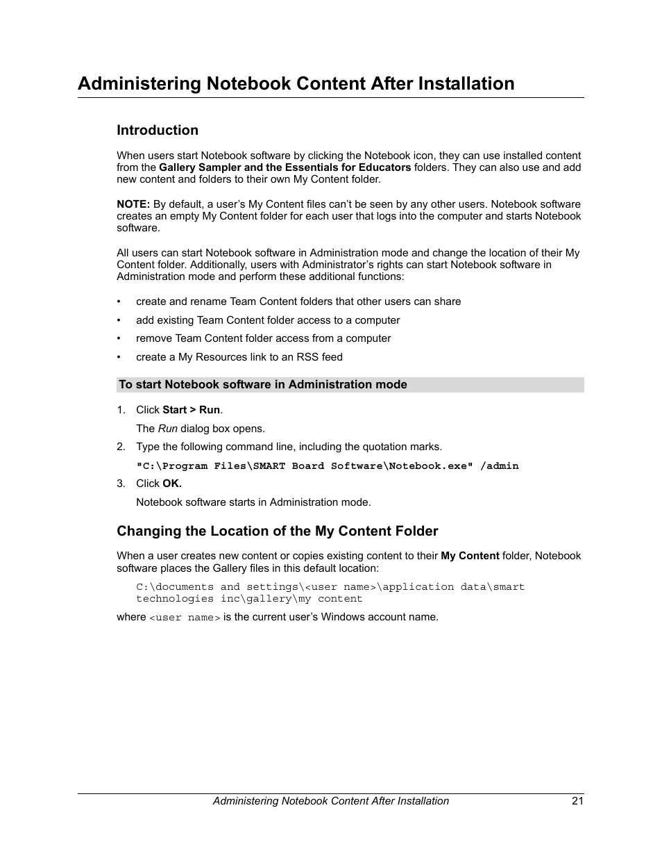 Administering notebook content after installation, Introduction, To start notebook software in administration mode | Changing the location of the my content folder | Smart Technologies SMART Board Software 9.5 User Manual | Page 25 / 32