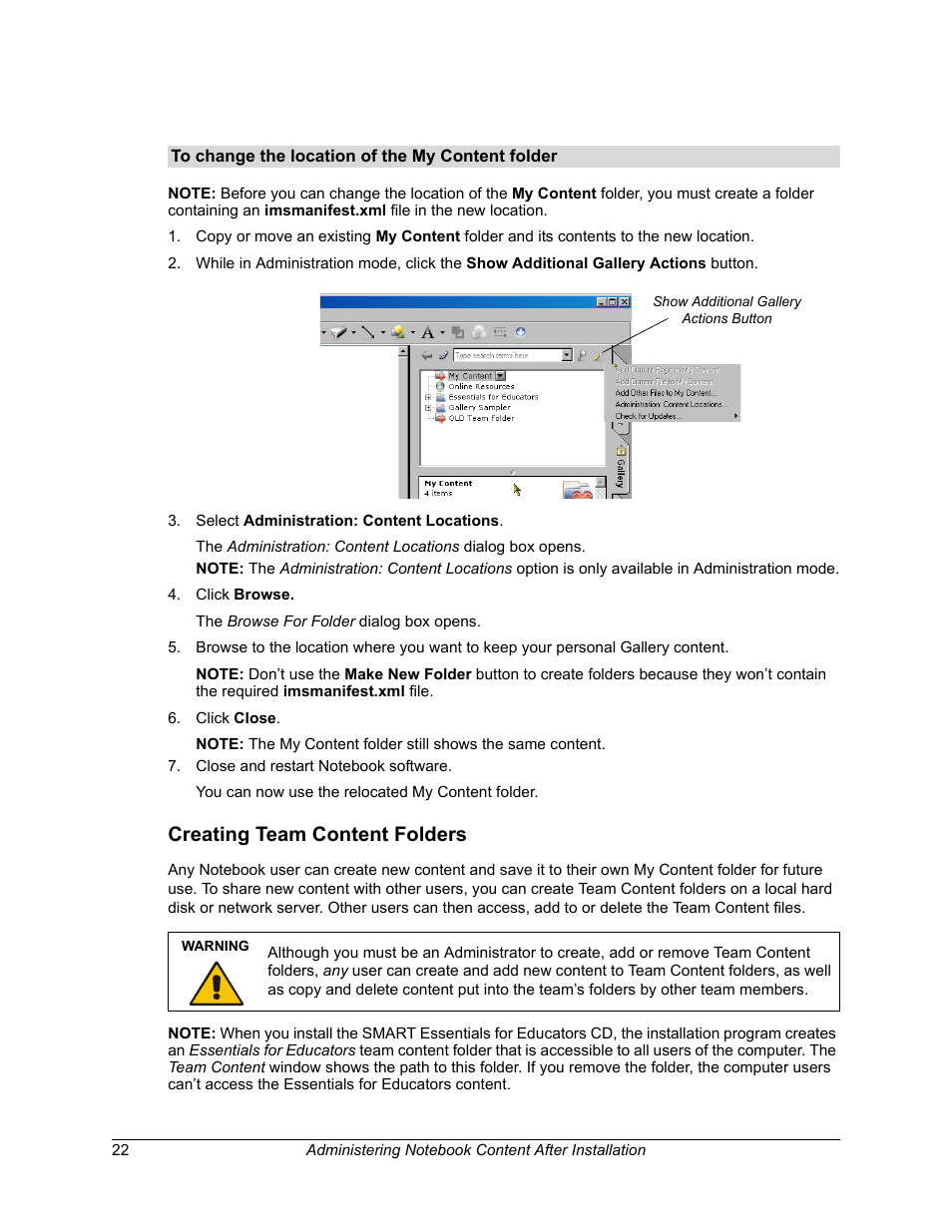 To change the location of the my content folder, Creating team content folders | Smart Technologies SMART Board Software 9.5 User Manual | Page 26 / 32