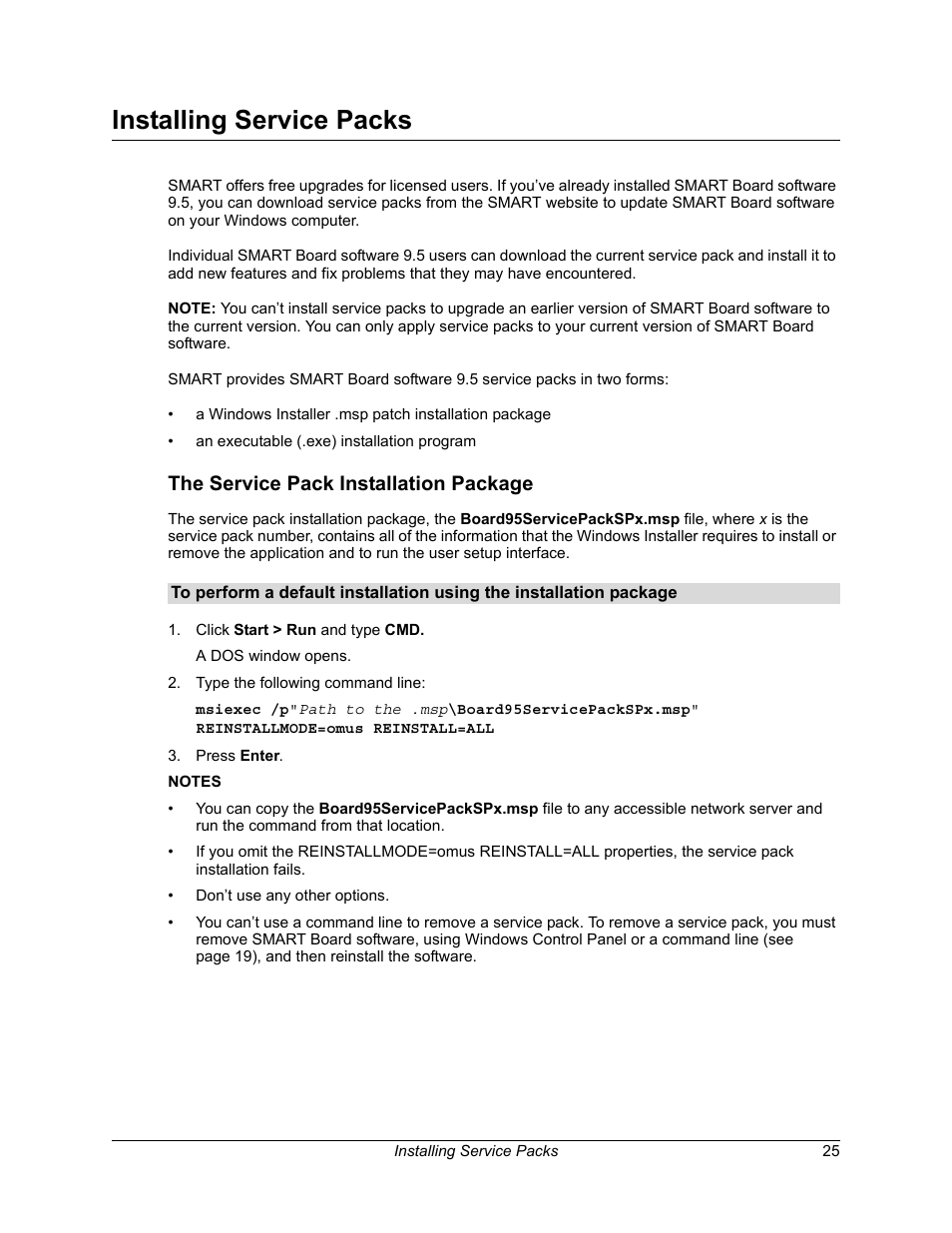 Installing service packs, The service pack installation package | Smart Technologies SMART Board Software 9.5 User Manual | Page 29 / 32