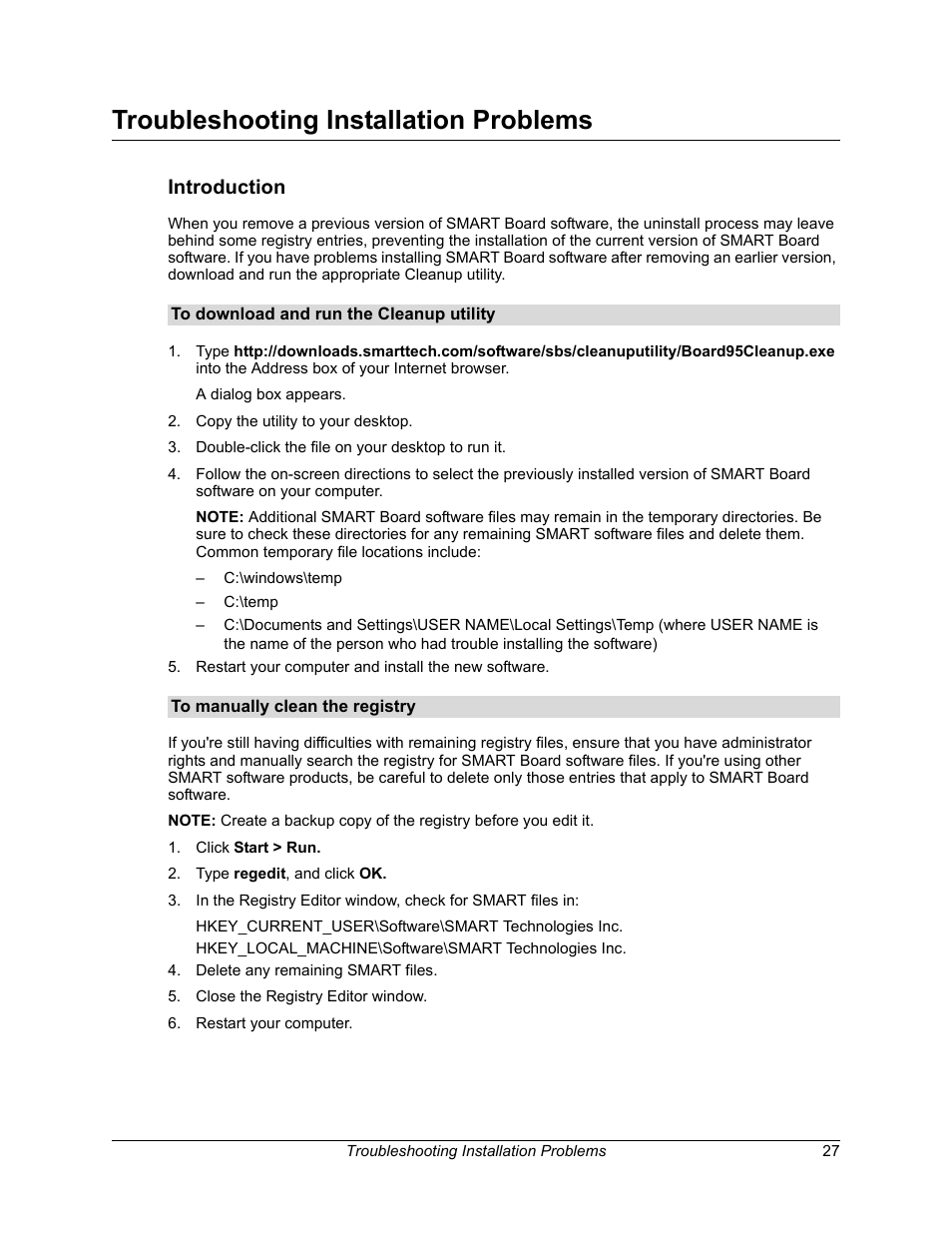 Troubleshooting installation problems, Introduction, To download and run the cleanup utility | To manually clean the registry | Smart Technologies SMART Board Software 9.5 User Manual | Page 31 / 32