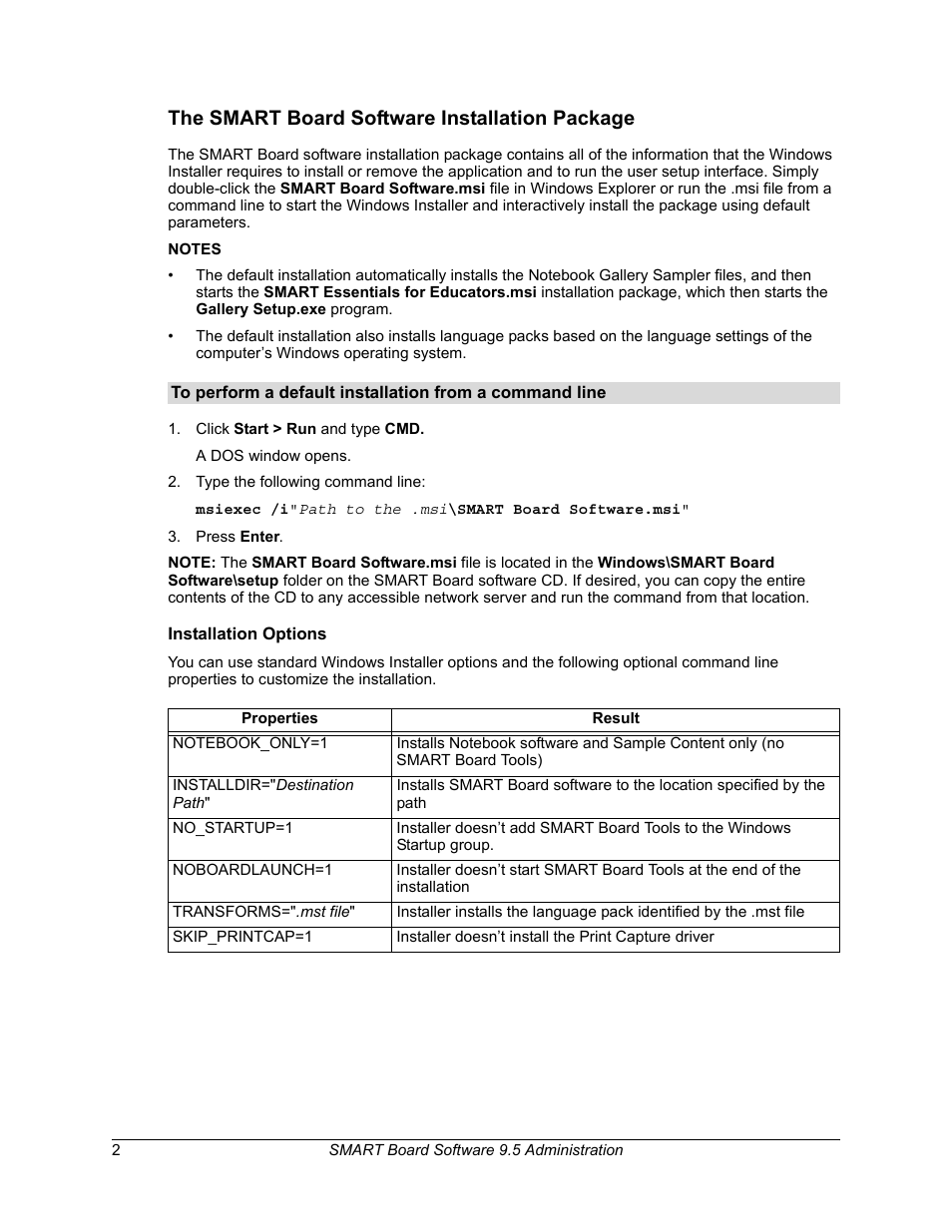 The smart board software installation package, Installation options | Smart Technologies SMART Board Software 9.5 User Manual | Page 6 / 32