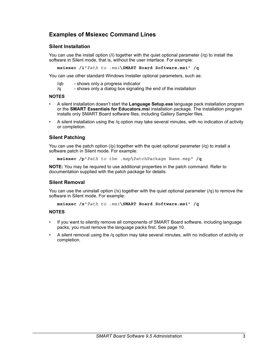 Examples of msiexec command lines, Silent installation, Silent patching | Silent removal, Silent installation silent patching silent removal | Smart Technologies SMART Board Software 9.5 User Manual | Page 7 / 32