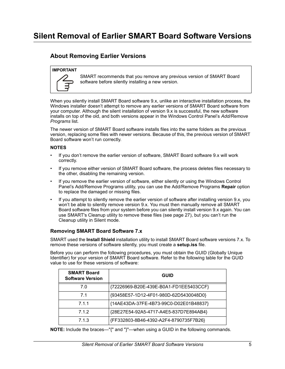About removing earlier versions, Removing smart board software 7.x | Smart Technologies SMART Board Software 9.5 User Manual | Page 9 / 32