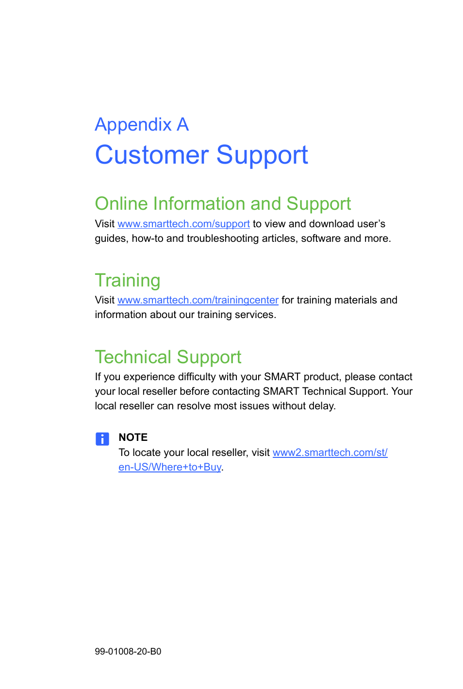 Customer support, Online information and support, Training | Technical support, Appendix a | Smart Technologies SMART Notebook SE US6320597; US6326954; US6741267; US7151533; US7499033; CA2252302 User Manual | Page 15 / 20