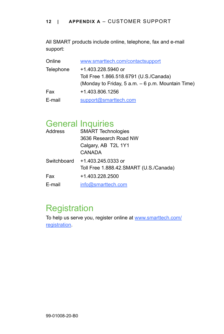 General inquiries, Registration, General inquiries registration | Smart Technologies SMART Notebook SE US6320597; US6326954; US6741267; US7151533; US7499033; CA2252302 User Manual | Page 16 / 20