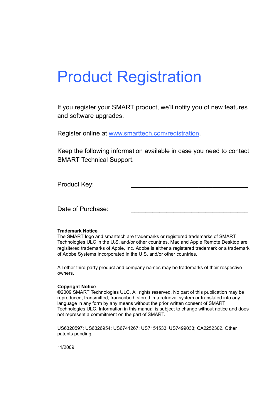 Product registration | Smart Technologies SMART Notebook SE US6320597; US6326954; US6741267; US7151533; US7499033; CA2252302 User Manual | Page 2 / 20