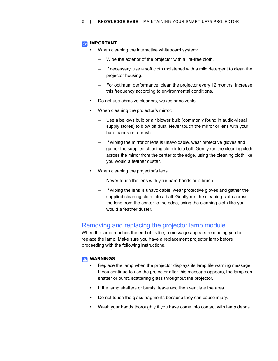 Removing and replacing the projector lamp module | Smart Technologies SMART UF75 User Manual | Page 2 / 11