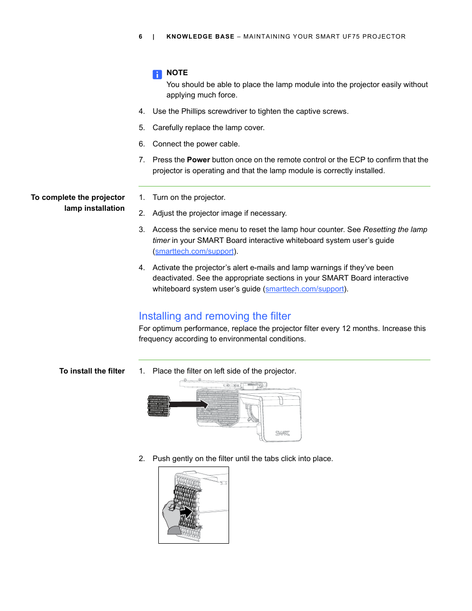 Installing and removing the filter | Smart Technologies SMART UF75 User Manual | Page 6 / 11